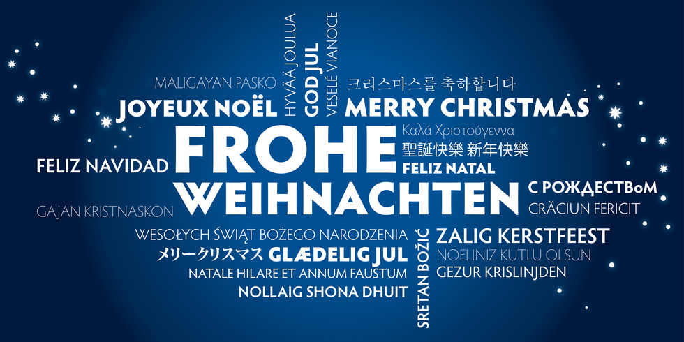 blaue Weihnachtskarte Frohe Weihnachten bersetzt in viele Sprachen